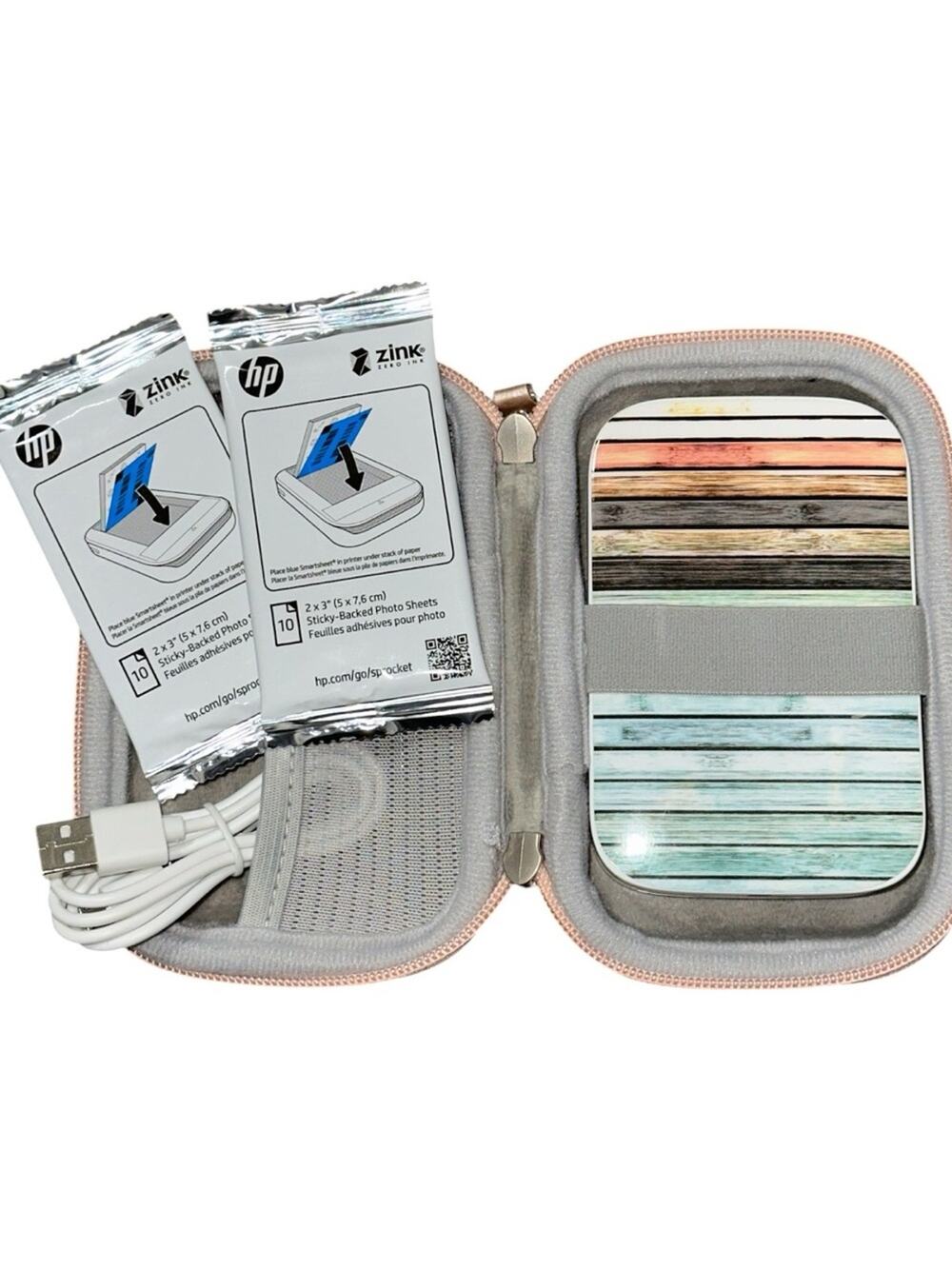 HP Sprocket Portable Photo Printer Kit Pastel Wood Prints Photo Sheets Hard Case